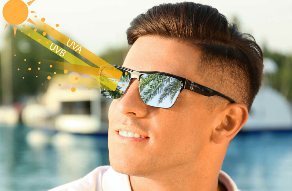 A young man wearing polarized sunglasses that are also UV-blocking glasses.