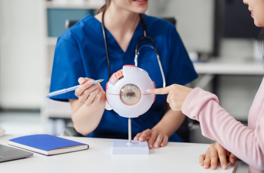 An eye doctor uses a model of the eye to explain why contact lenses and eyeglass prescriptions are different.