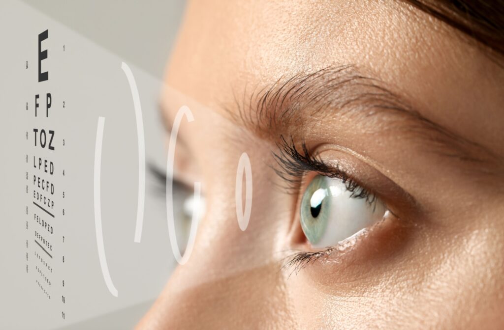 Closeup view of woman and eye chart illustration, visiting ophthalmologist