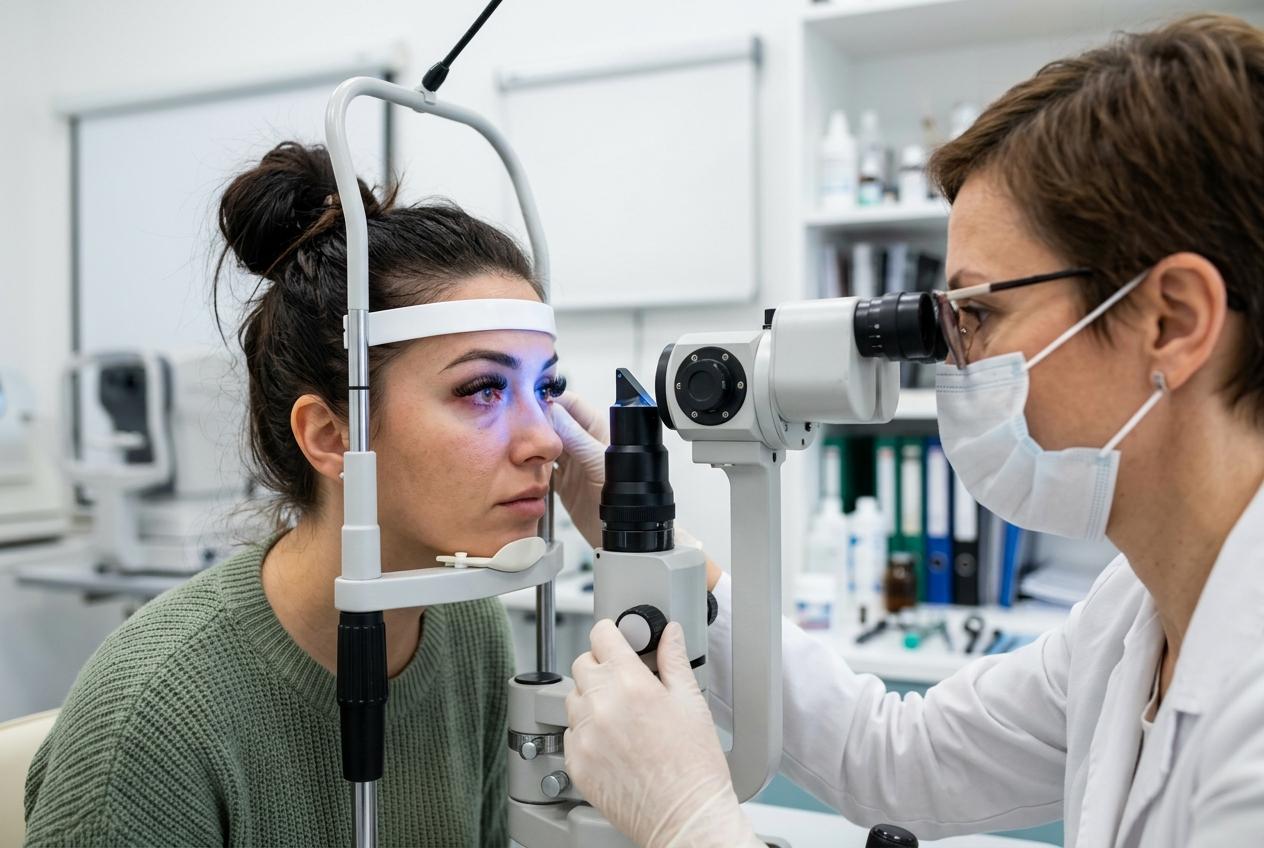 An optometrist examines a young woman's eye using a slit lamp in an eye exam room.