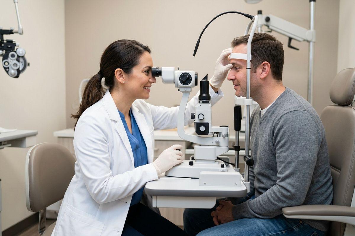 Optometrist using a slit lamp to examine a patient's eyes during an eye exam.