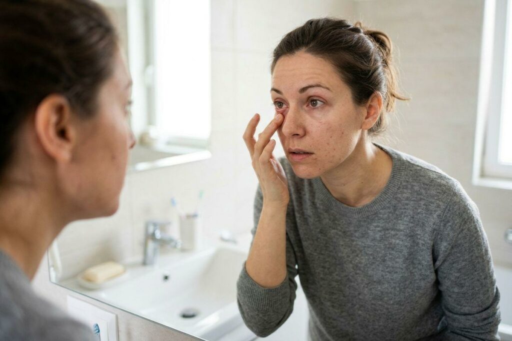 Person in grey sweater examining the skin under one eye in a bathroom mirror.