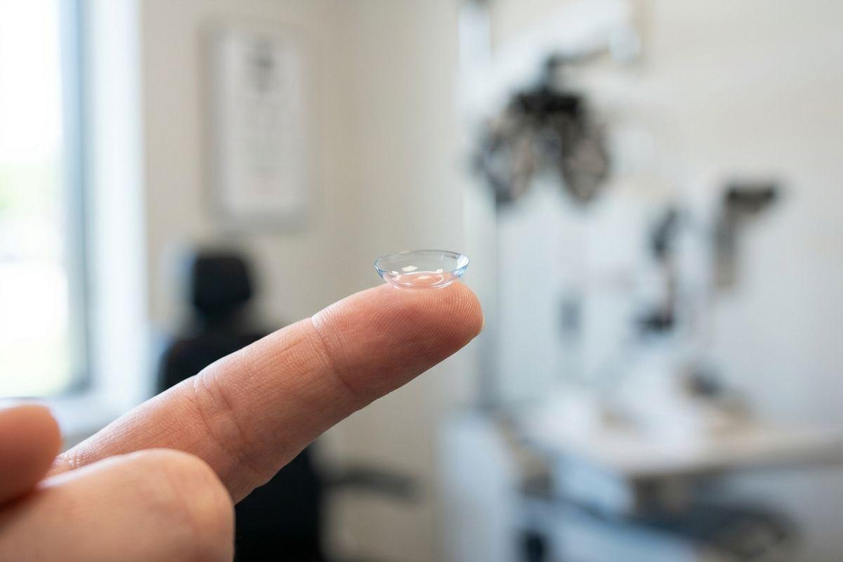Contact lens balanced on a fingertip in an eye exam room with optometry equipment blurred behind.