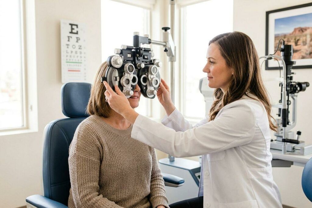 Optometrist adjusts a phoropter for a seated patient during an eye exam, with an eye chart on the wall.