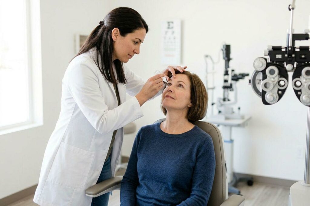 Optometrist applying eye drops to a seated patient in an exam room with a phoropter and eye chart.