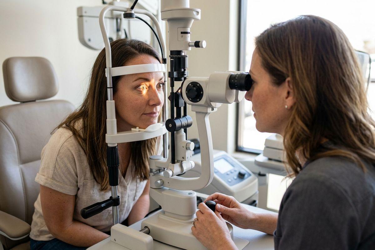 Optometrist examines a patient's eyes using a slit lamp during an eye exam.